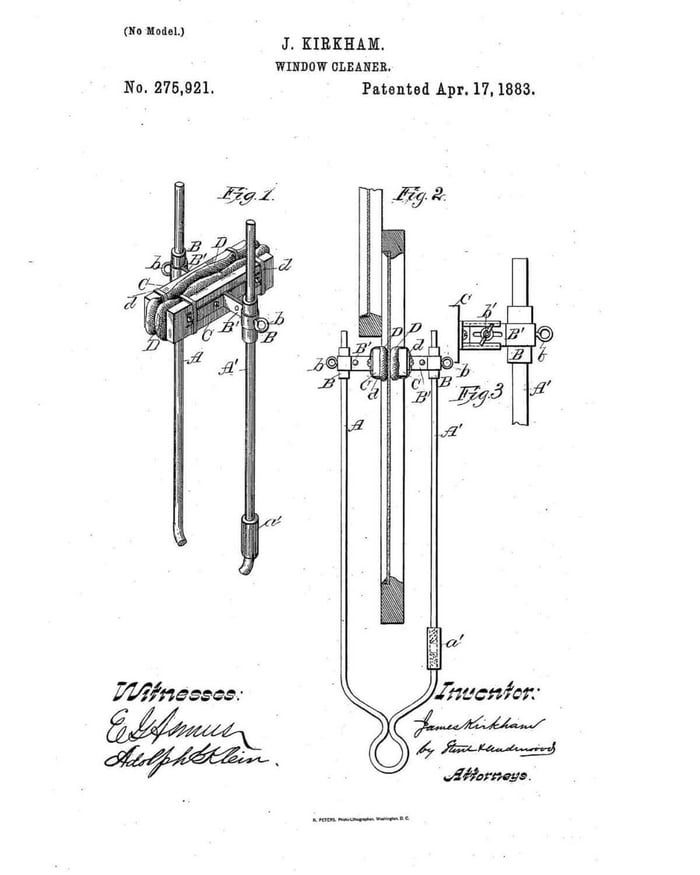 1883 J. Kirkman Window Gleamer patent drawing showing early window cleaning tool design