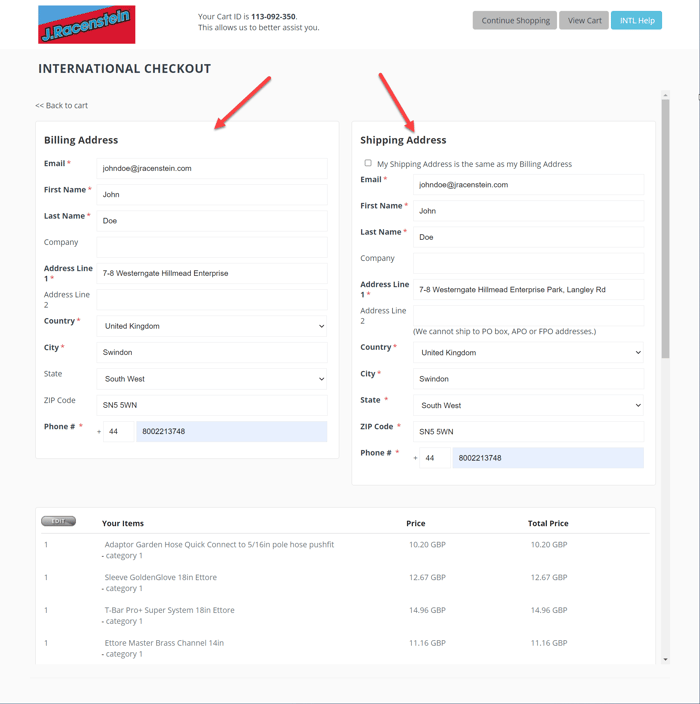J.Racenstein checkout — billing and shipping address entry