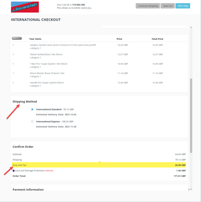 J.Racenstein checkout — choose international shipping method
