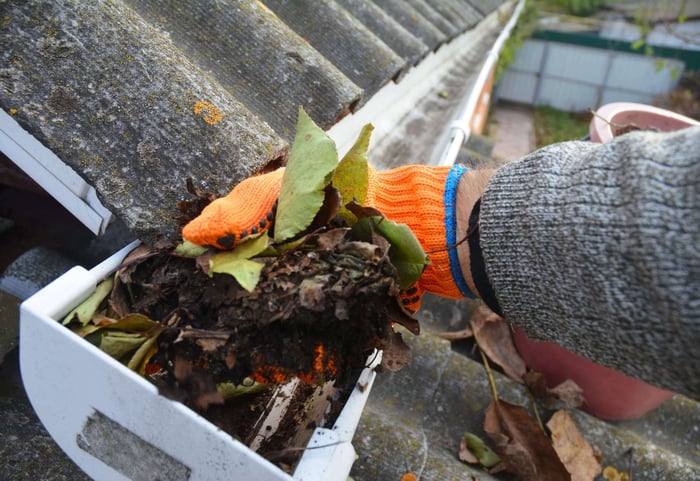 Professional gutter cleaning with debris removal tools