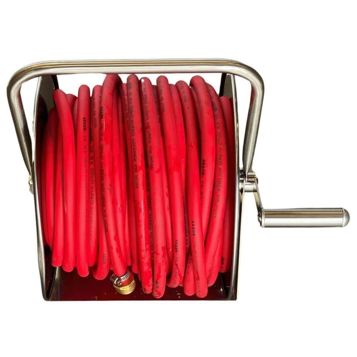 ProTool stainless steel hose reel with 3/8 inch ID red hybrid hose