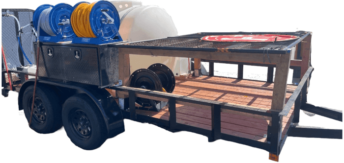 Drone building cleaning trailer with pure water filtration system