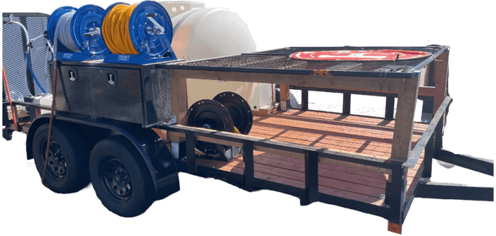 Drone building cleaning trailer with pure water filtration system