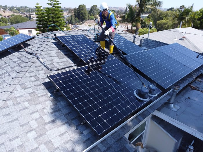 solar panel cleaning brush in use