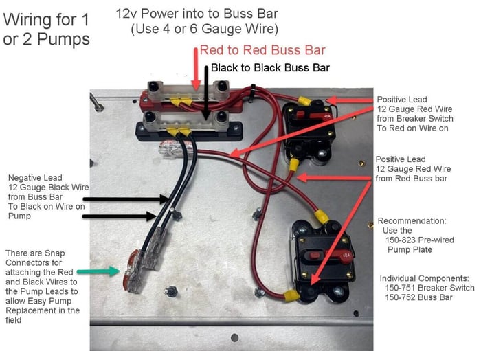Wiring diagram showing 12V pump connections through a bus bar and circuit breaker