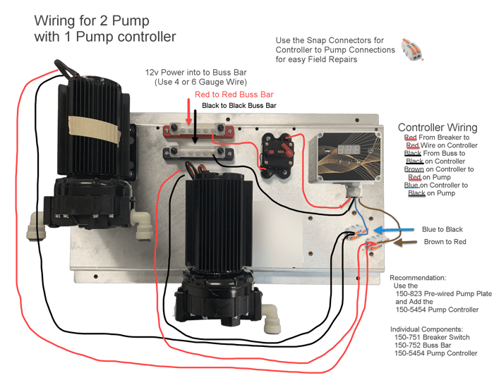 Wiring diagram showing two pumps connected to one controller through a bus bar and circuit breaker