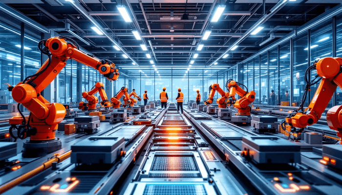 The image depicts a modern Industry 4.0 manufacturing floor featuring interconnected CNC machines equipped with adaptive machining techniques. These machines utilize real-time feedback and adaptive control to optimize the machining process, ensuring precision and efficiency in producing parts that meet specific design specifications.