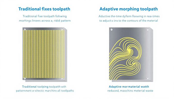 The image compares traditional fixed toolpaths with adaptive morphing toolpaths in machining processes, illustrating how adaptive machining techniques can optimize performance by adjusting to changing conditions and part geometry. The visual highlights differences in tool movement and alignment, emphasizing the benefits of real-time feedback for enhancing tool life and accuracy in CNC machines.