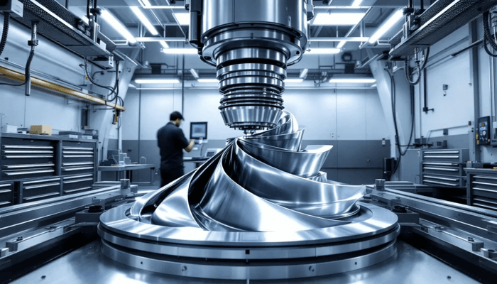 The image depicts a turbine blade being machined using adaptive 5-axis techniques, showcasing a CNC machine in action. The process highlights the precision and adaptability of the machining method, as it adjusts in real-time to optimize tool life and maintain accuracy while adhering to strict design specifications.
