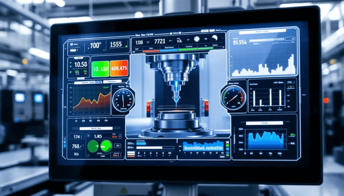The image features an advanced control system interface that showcases real-time machining data, including metrics related to tool life, tool wear, and cutting tool performance. This interface is essential for engineers and manufacturers utilizing adaptive machining techniques to optimize the machining process and ensure precision in CNC machines.