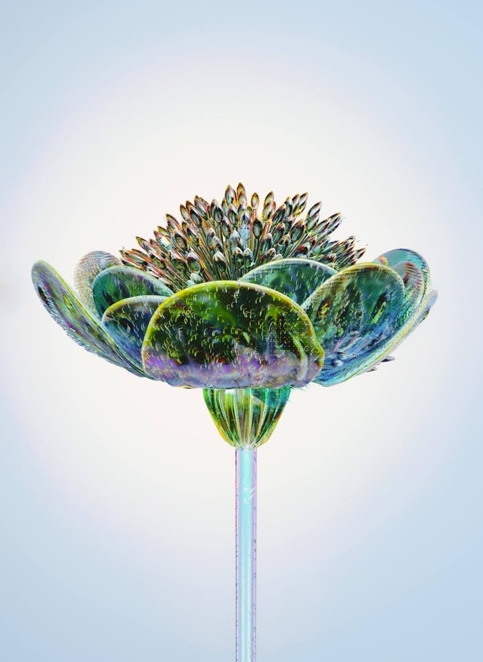 A stunning 3D glass-effect flower highlighting technology and abstract design.