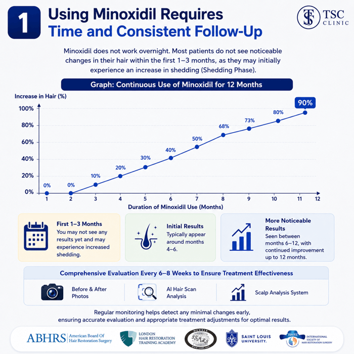 An example graph showing the results of using Minoxidil requires time and continuous follow-up