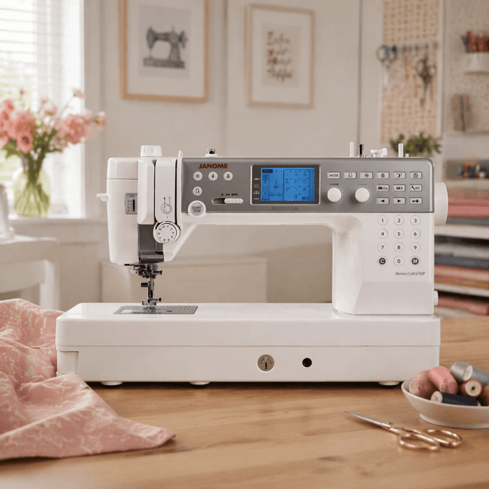 Janome 6700P sewing machine on a wooden table in a bright sewing room
