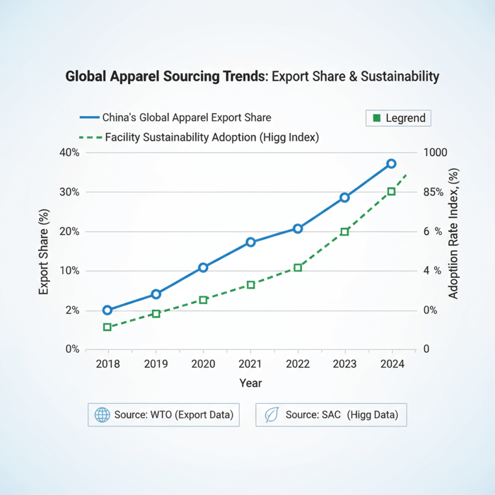 Line chart showing China’s apparel export share and compliance adoption trends from 2018 to 2024