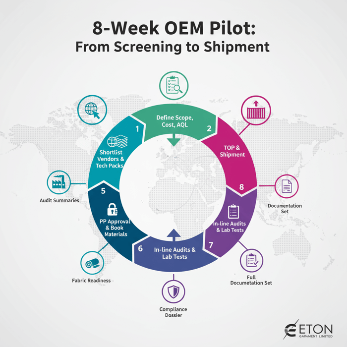 Roadmap graphic summarizing an 8-week OEM pilot from screening to shipment
