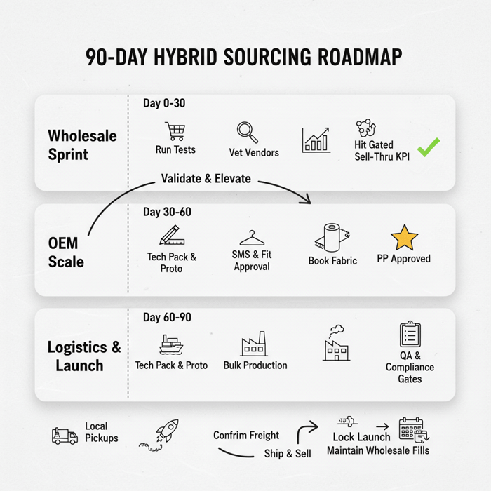 Three-lane timeline showing 30/60/90-day plan across wholesale, OEM, and logistics