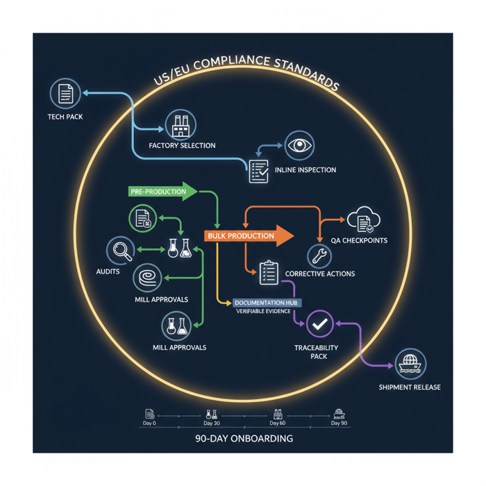 Roadmap showing 30-60-90 day onboarding actions for a compliant factory