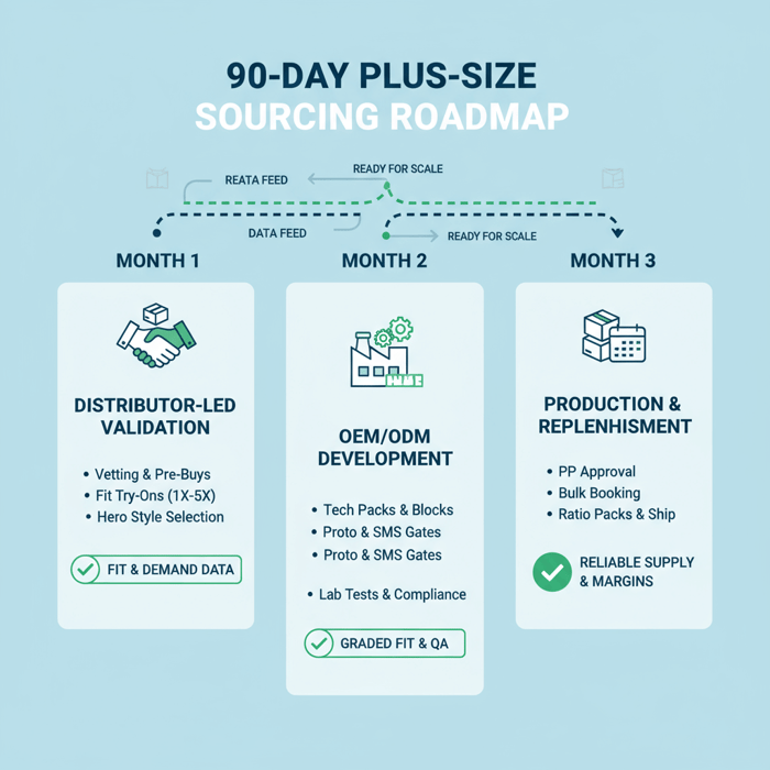 Roadmap depicting 90-day sequence from distributor testing to OEM PP approval and bulk ramp
