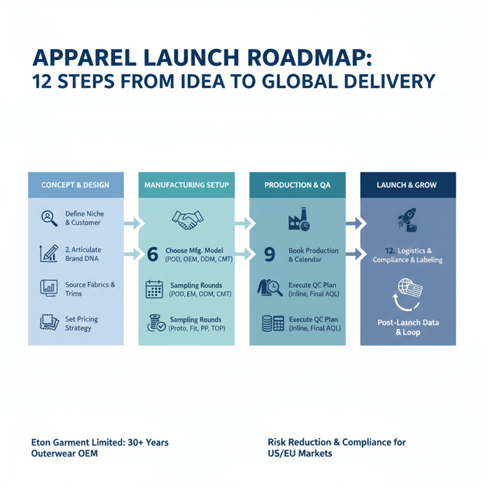 Infographic timeline of the 12 steps from niche to logistics