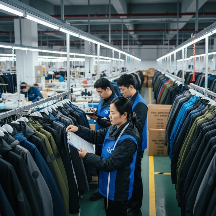 QC team performing AQL sampling in outerwear line
