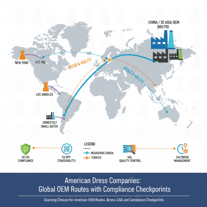 Conceptual sourcing map with compliance icons highlighting U.S. brands and production routes