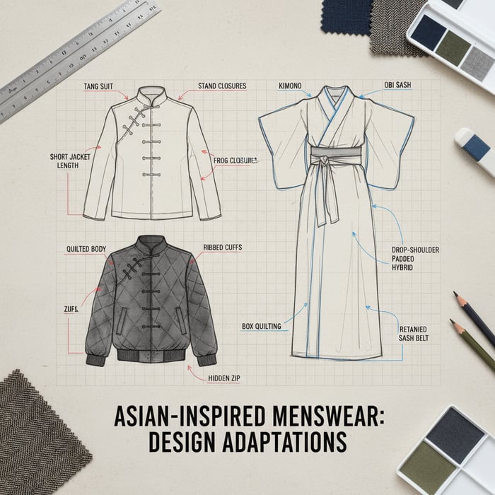 Annotated sketches showing Tang suit and kimono components adapted into modern jackets and coats