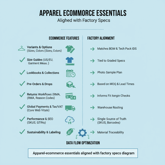 Infographic checklist of apparel-specific eCommerce features tied to tech packs and factory BOM