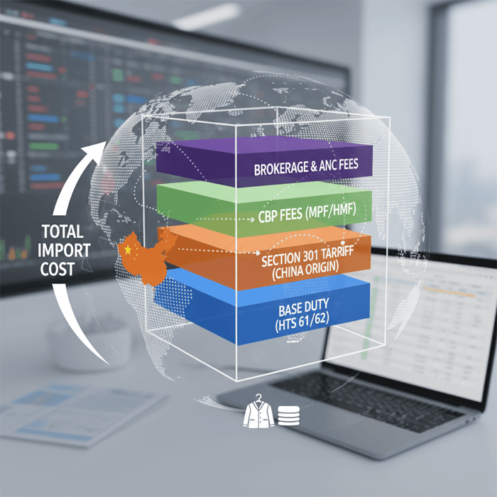 Stacked cost components for apparel imports: base duties, Section 301, MPF/HMF, and brokerage