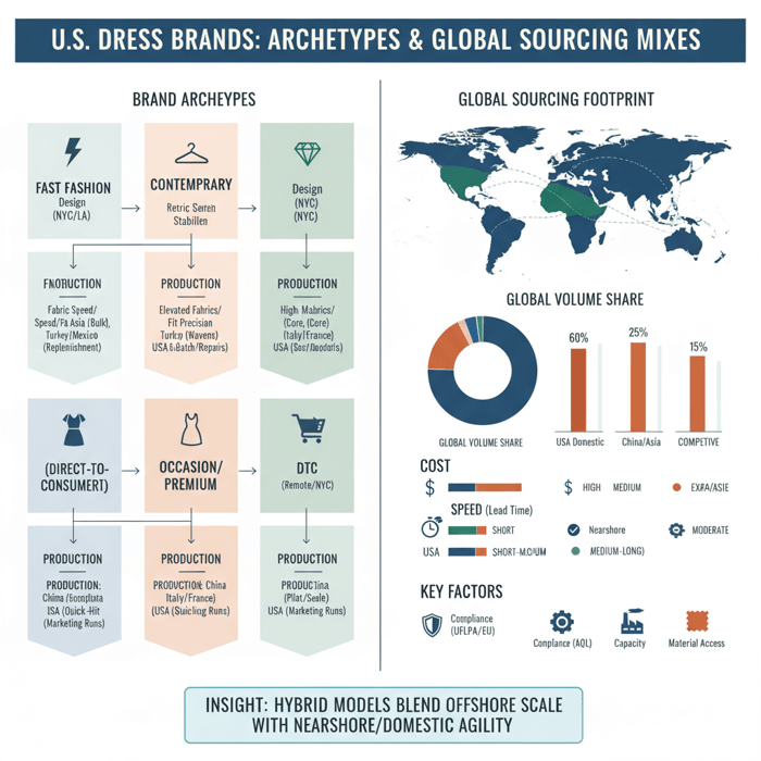 Diagram categorizing U.S. dress brand archetypes and common sourcing mixes