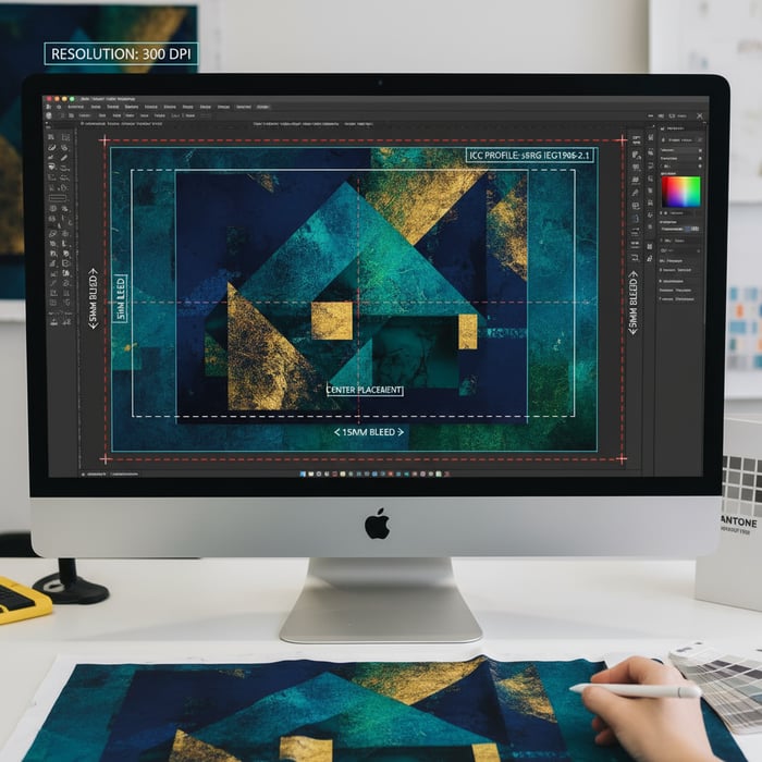 Annotated artwork file with DPI, ICC profile, and bleed guides visible for apparel printing