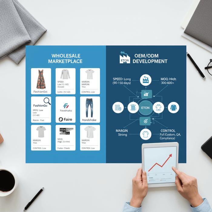 Buyer comparing marketplace wholesale cards against an OEM development flow on a split-screen matrix