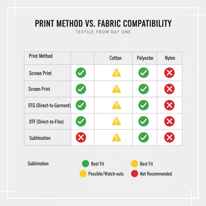 Grid showing screen, DTG, DTF, and sublimation mapped to cotton, polyester, and nylon with suitability icons