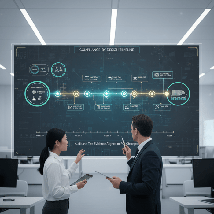 Process flowchart mapping audit and lab documents to PO checkpoints