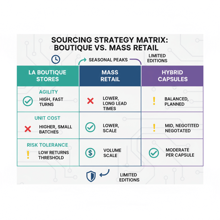 Matrix showing sourcing attributes across boutique, mass retail, and hybrid approaches