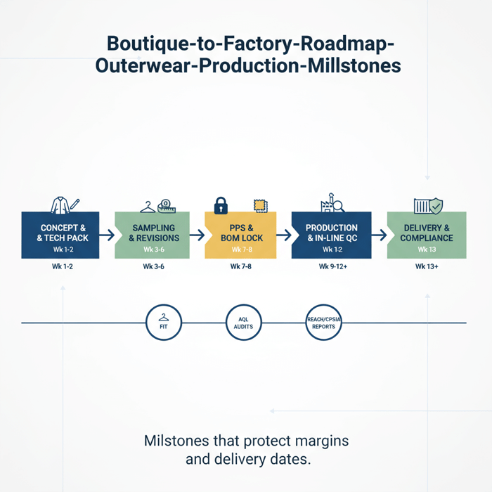 Roadmap graphic from concept to compliant outerwear delivery for boutiques