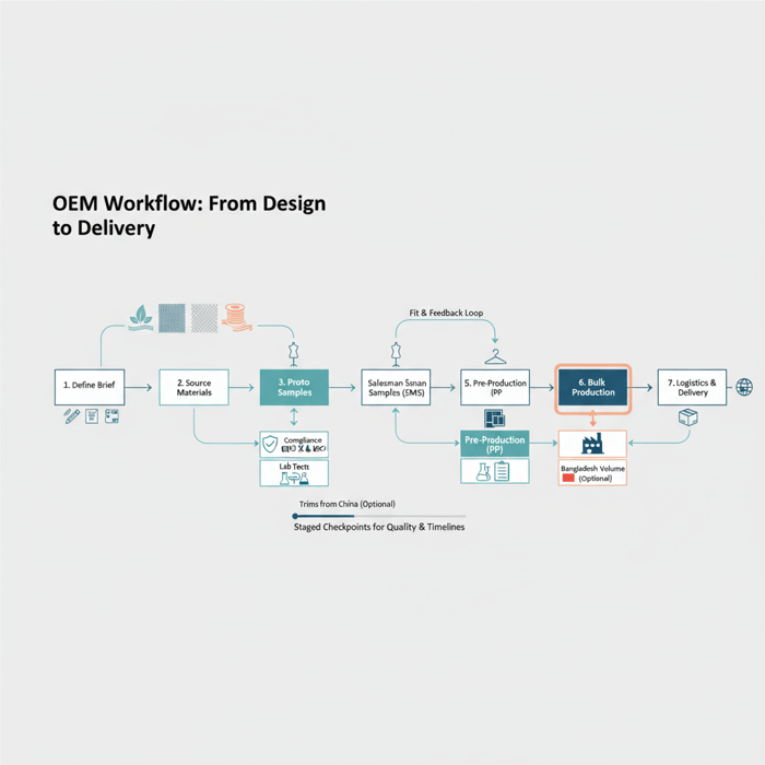 OEM workflow diagram for men’s sexy underwear from brief to bulk, with compliance checks highlighted