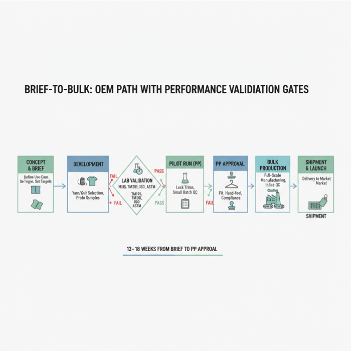 Process diagram showing the OEM path from brief to bulk with validation gates for cooling knits