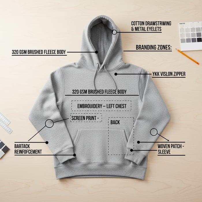 Annotated hoodie showing fabric weight, fleece type, rib, zipper, and branding zones