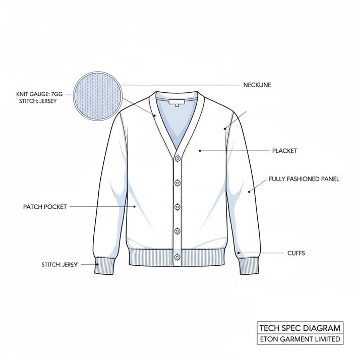 Cardigan line-art diagram with labeled placket, neckline, cuffs, hem, pockets, and knit gauge callouts
