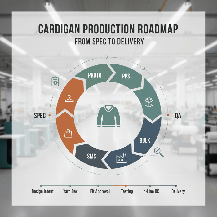 Roadmap graphic from concept to delivered cardigan: spec, proto, SMS, PPS, bulk, QA
