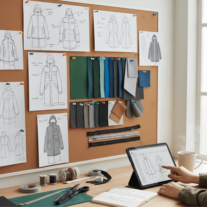 Care label and fiber content tag laid on a jacket liner