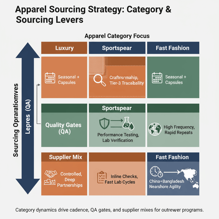 Matrix mapping luxury, sportswear, and fast fashion to sourcing levers