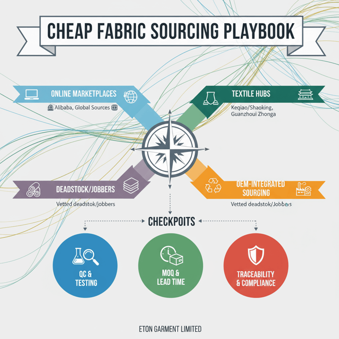Hero visual mapping sourcing pathways: marketplaces, textile hubs, deadstock, OEM-integrated sourcing