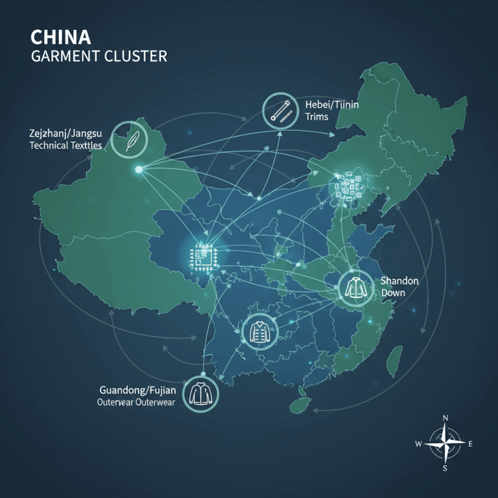 Infographic map showing China garment clusters: Zhejiang/Jiangsu—technical textiles; Guangdong/Fujian—outerwear; Shandong—down; Hebei/Tianjin—trims