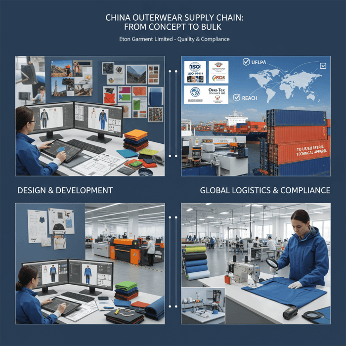 Hero visual of a China garment supply chain workflow from design to bulk production, focused on outerwear