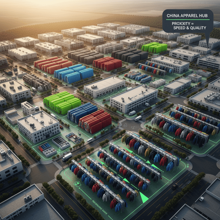 China apparel hub with mills, trims, and labs mapped near factories
