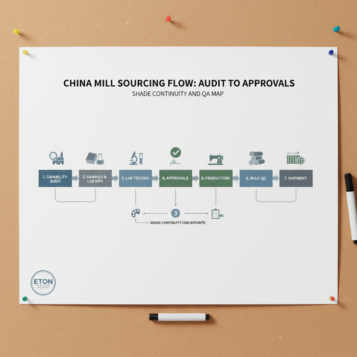 Flowchart of China mill sourcing steps from capability audit to sampling, testing, approvals, production, and bulk QC with shade continuity checkpoints