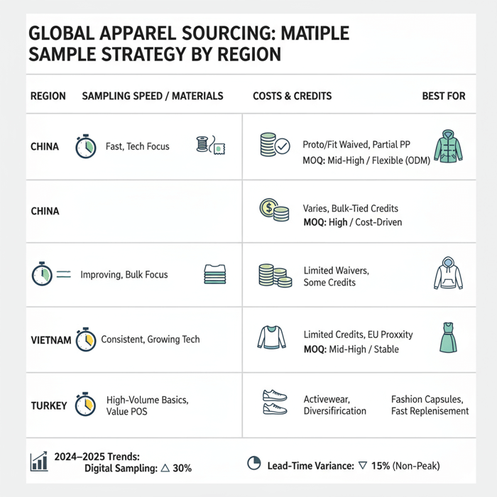 Matrix comparing sample speed, material access, credits, and MOQs by region