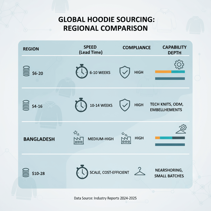 Matrix comparing hoodie supplier regions across cost, speed, compliance, and capability depth