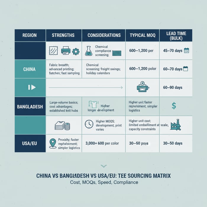 Matrix comparing regional sourcing options for tees